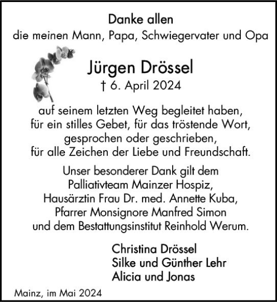Traueranzeige von Jürgen Drössel von Allgemeine Zeitung Mainz