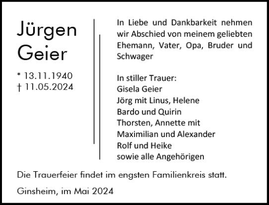 Traueranzeige von Jürgen Geier von Allgemeine Zeitung Mainz