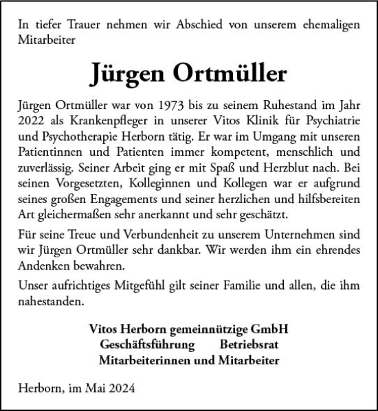 Traueranzeige von Jürgen Ortmüller von Dill Block