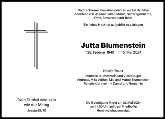 Traueranzeige von Jutta Blumenstein von Hinterländer Anzeiger