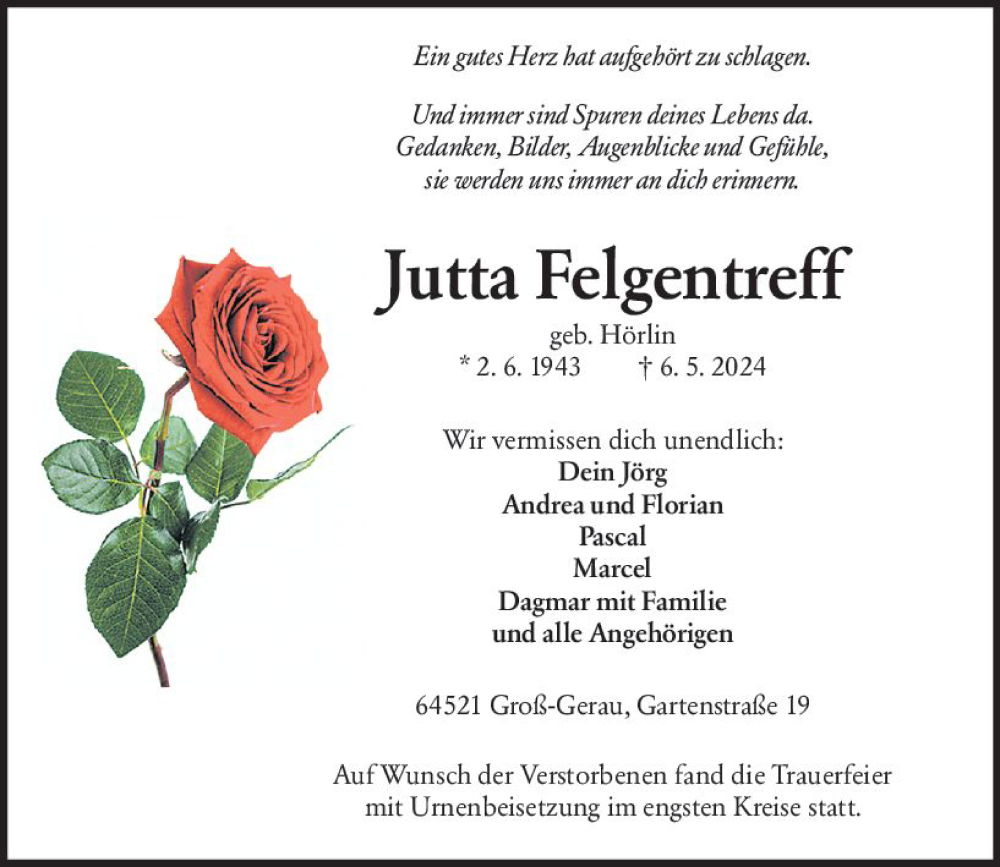  Traueranzeige für Jutta Felgentreff vom 18.05.2024 aus Groß-Gerauer Echo
