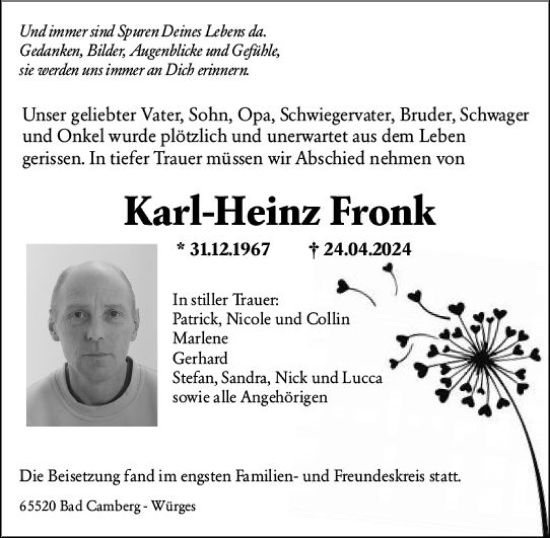 Traueranzeige von Karl-Heinz Fronk von Camberger Anzeiger