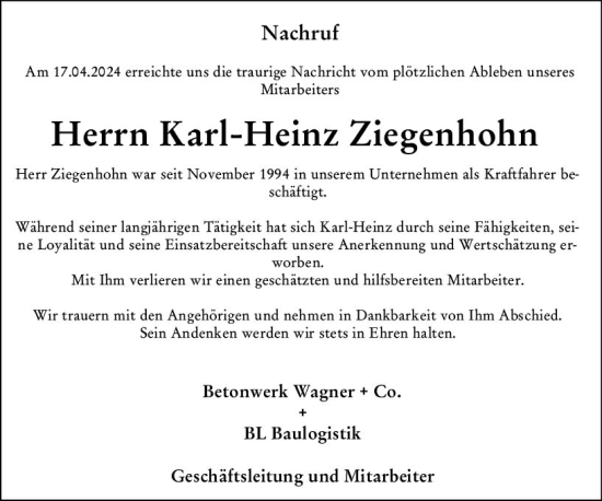 Traueranzeige von Karl-Heinz Ziegenhohn von Hinterländer Anzeiger