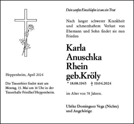 Traueranzeige von Karla Anuschka Rhein von Bergsträßer Anzeiger