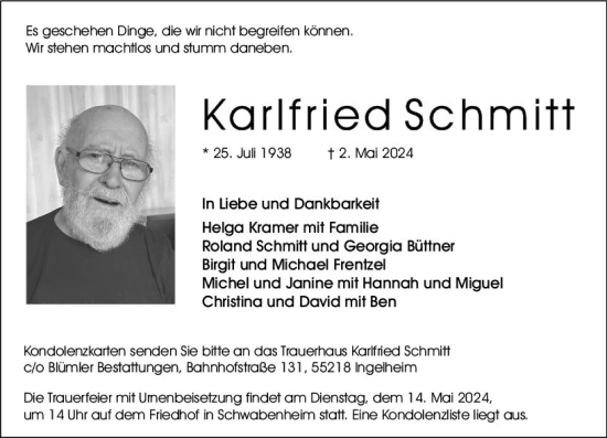 Traueranzeige von Karlfried Schmitt von Allgemeine Zeitung Bingen/Ingelheim