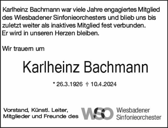 Traueranzeige von Karlheinz Bachmann von Wiesbadener Kurier