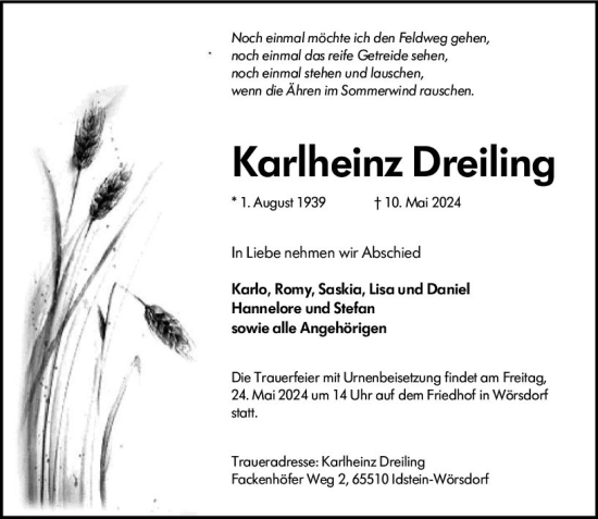 Traueranzeige von Karlheinz Dreiling von Idsteiner Land/Untertaunus