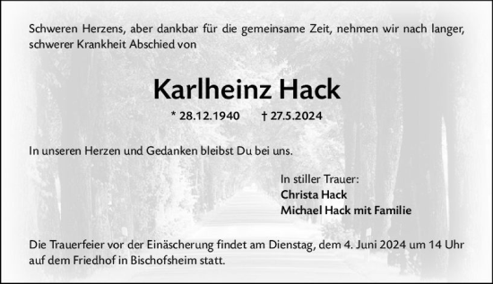 Traueranzeige von Karlheinz Hack von Allgemeine Zeitung Mainz