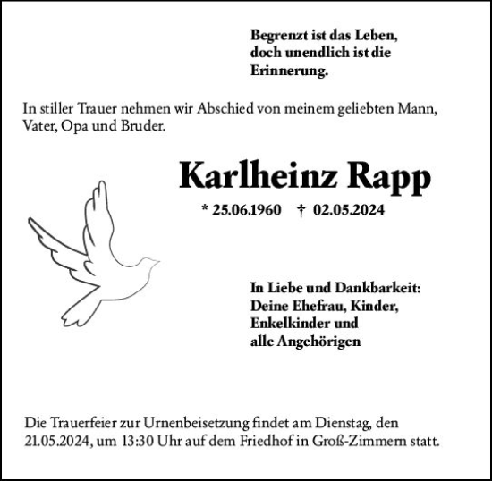 Traueranzeige von Karlheinz Rapp von Dieburger Anzeiger/Groß-Zimmerner Lokal-Anzeiger