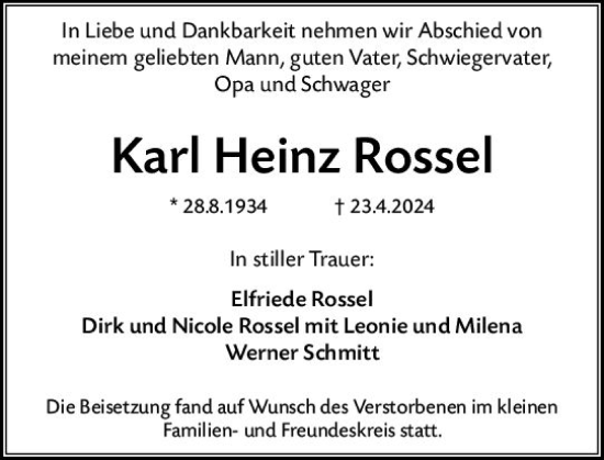 Traueranzeige von Karl Heinz Rossel von Wiesbadener Kurier