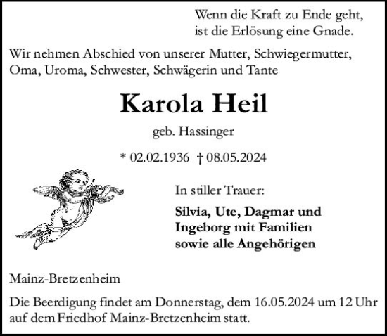 Traueranzeige von Karola Heil von Allgemeine Zeitung Mainz