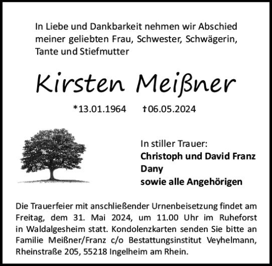 Traueranzeige von Kirstein Meißner von Allgemeine Zeitung Bingen/Ingelheim