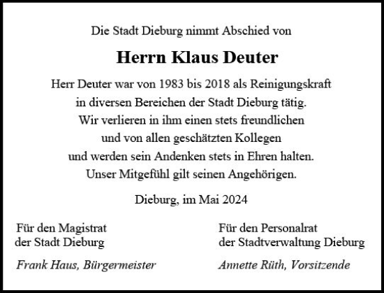 Traueranzeige von Klaus Deuter von Dieburger Anzeiger/Groß-Zimmerner Lokal-Anzeiger