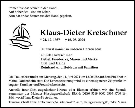 Traueranzeige von Klaus-Dieter Kretschmer von Allgemeine Zeitung Mainz