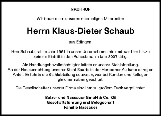 Traueranzeige von Klaus-Dieter Schaub von Dill Block