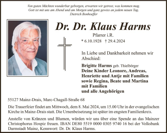 Traueranzeige von Klaus Harms von Allgemeine Zeitung Mainz