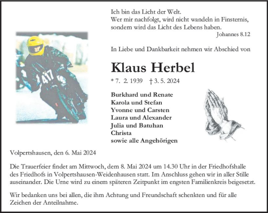 Traueranzeige von Klaus Herbel von Wetzlarer Neue Zeitung