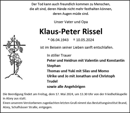 Traueranzeige von Klaus-Peter Rissel von Allgemeine Zeitung Alzey