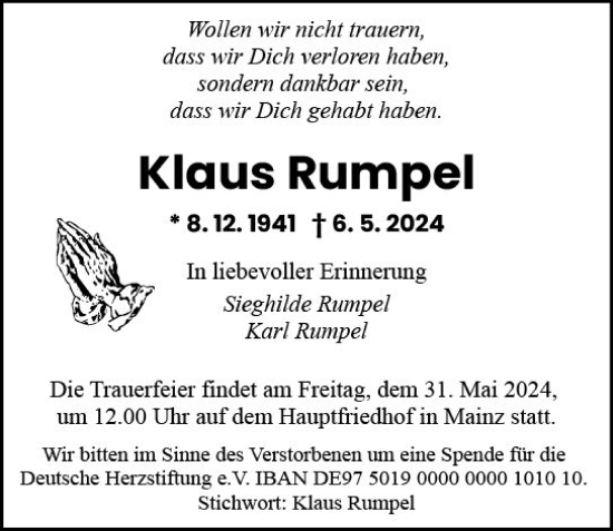 Traueranzeige von Klaus Rumpel von Allgemeine Zeitung Mainz