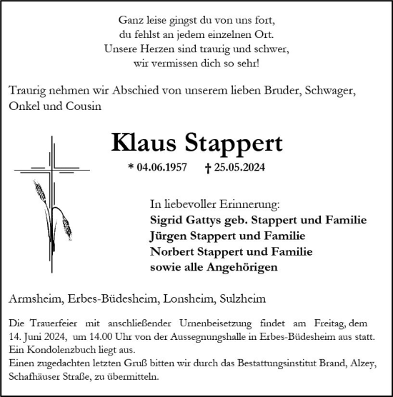 Traueranzeige von Klaus Stappert von Allgemeine Zeitung Alzey