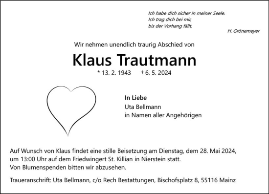 Traueranzeige von Klaus Trautmann von Allgemeine Zeitung Mainz