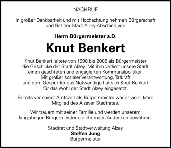 Traueranzeige von Knut Benkert von Allgemeine Zeitung Alzey