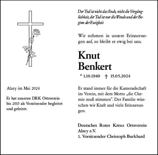 Traueranzeige von Knut Benkert von Allgemeine Zeitung Alzey