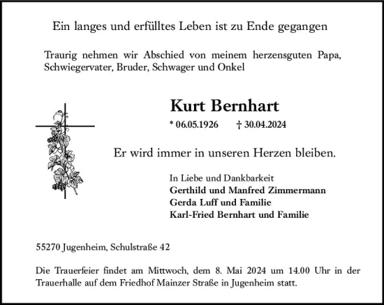 Traueranzeige von Kurt Bernhart von Allgemeine Zeitung Mainz