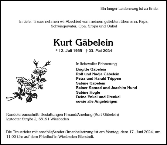 Traueranzeige von Kurt Gäbelein von Wiesbadener Kurier