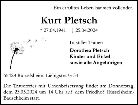 Traueranzeige von Kurt Pletsch von Rüsselsheimer Echo