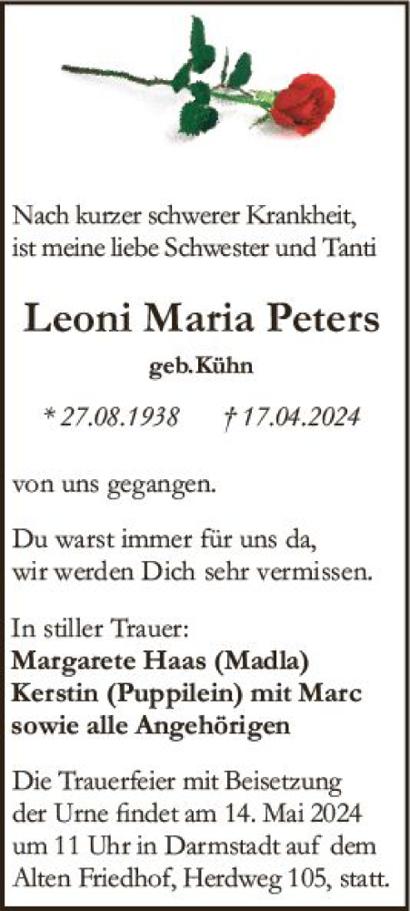 Traueranzeige von Leoni Maria Peters von Darmstädter Echo