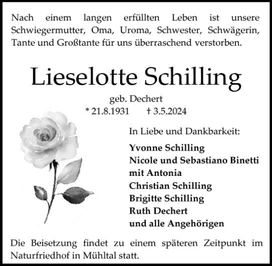 Traueranzeige von Lieselotte Schilling von Darmstädter Echo