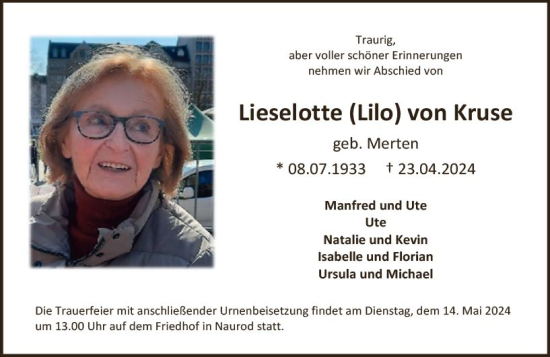 Traueranzeige von Lieselotte von Kruse von Wiesbadener Kurier