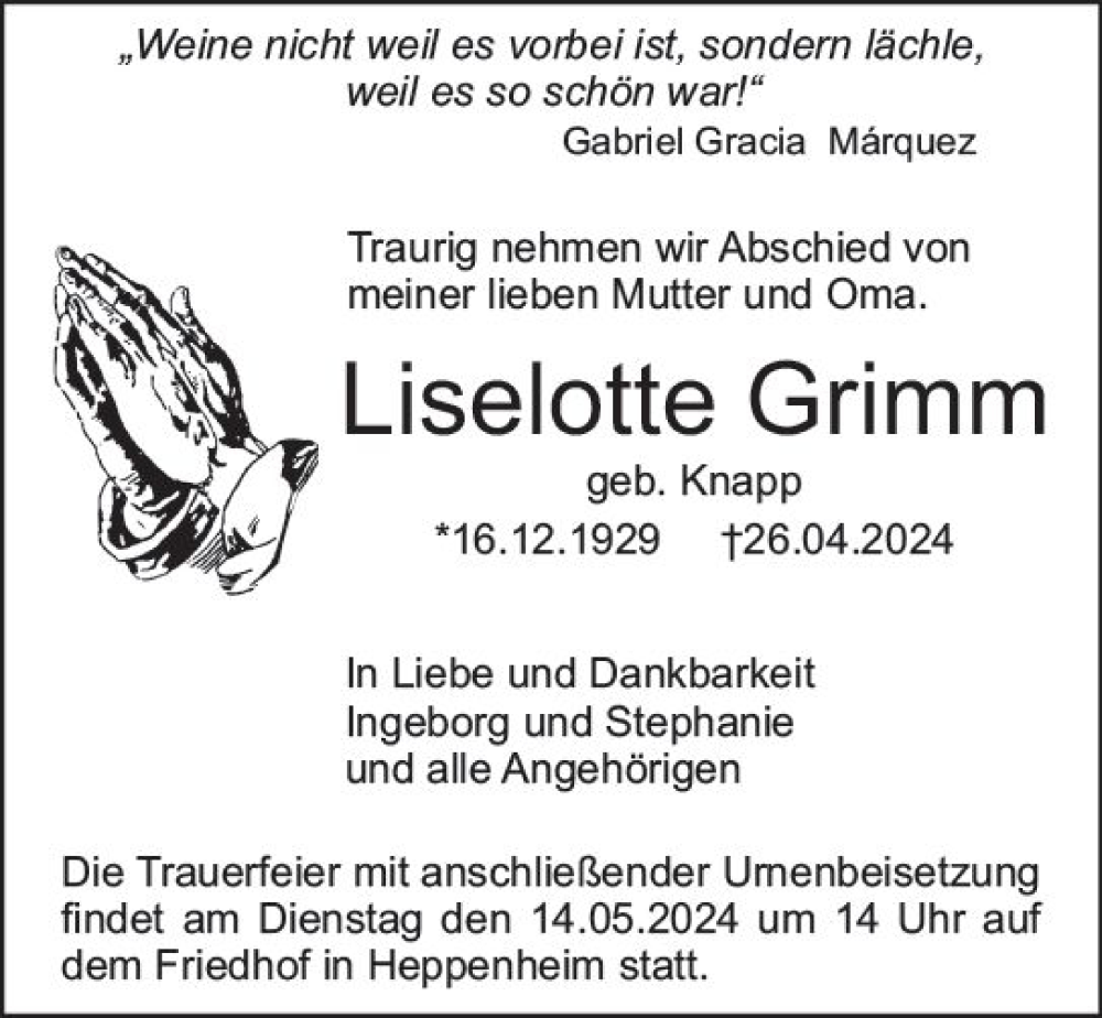  Traueranzeige für Liselotte Grimm vom 11.05.2024 aus Starkenburger Echo