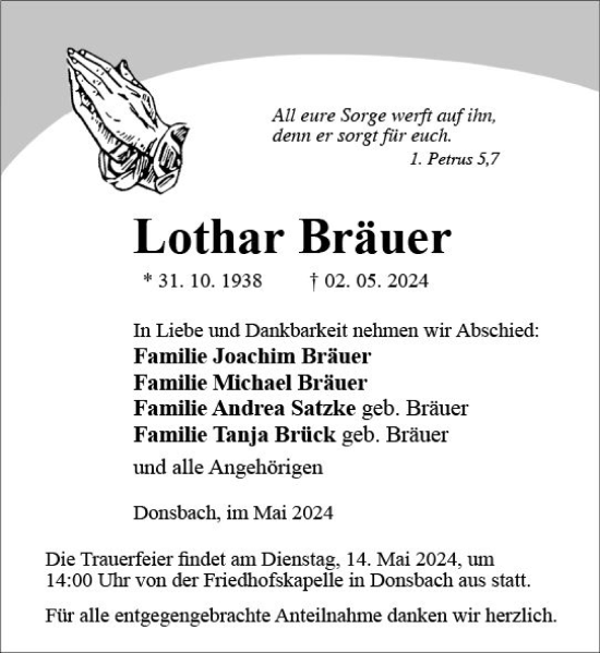 Traueranzeige von Lothar Bräuer von Dill Block