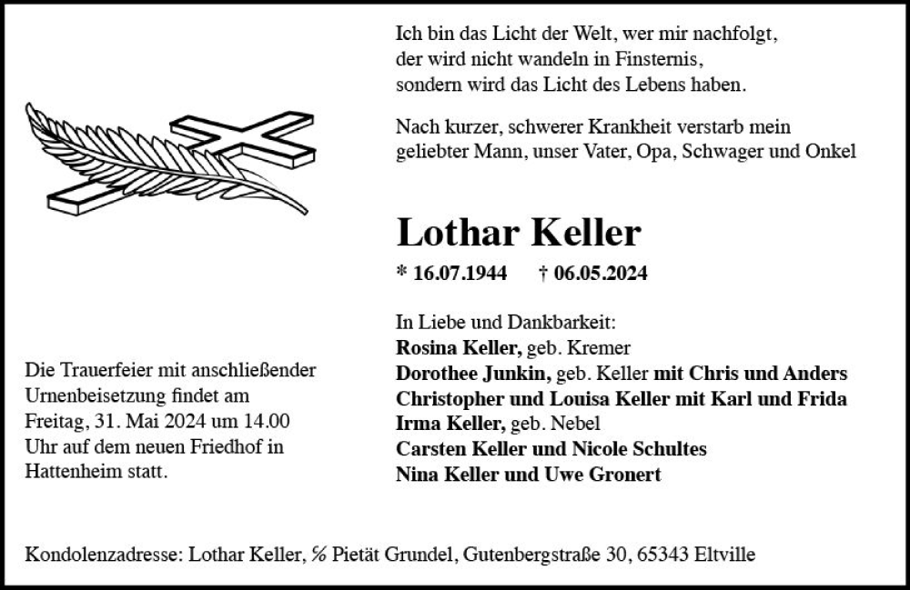 Traueranzeige für Lothar Keller vom 18.05.2024 aus Wiesbadener Kurier