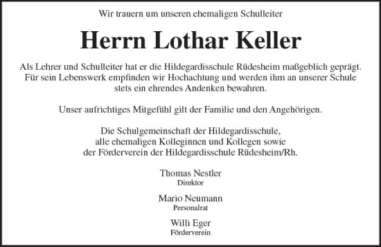 Traueranzeige von Lothar Keller von Rheingau Kurier