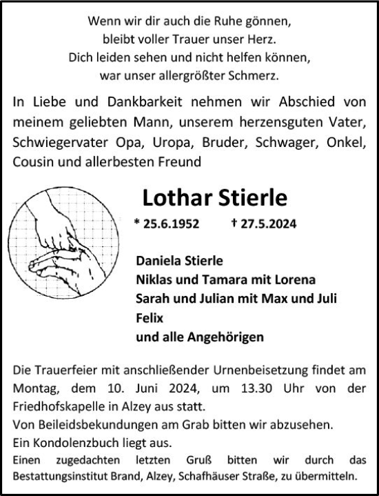 Traueranzeige von Lothar Stierle von Allgemeine Zeitung Alzey