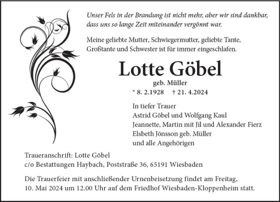 Traueranzeige von Lotte Göbel von Wiesbadener Kurier