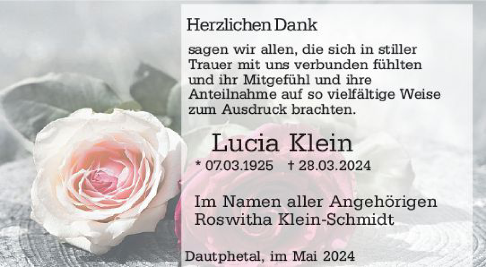  Traueranzeige für Lucia Klein vom 10.05.2024 aus Hinterländer Anzeiger