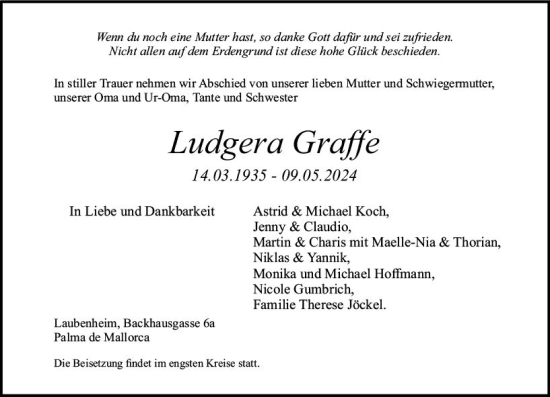 Traueranzeige von Ludgera Graffe von Allgemeine Zeitung Bingen/Ingelheim