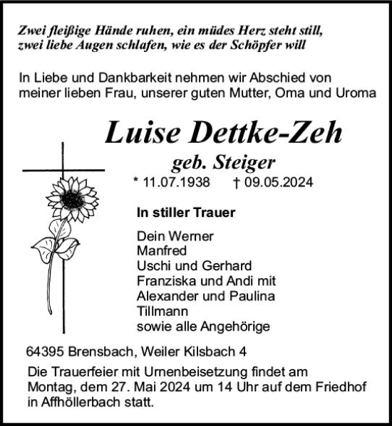 Traueranzeige von Luise Dettke-Zeh von Odenwälder Echo