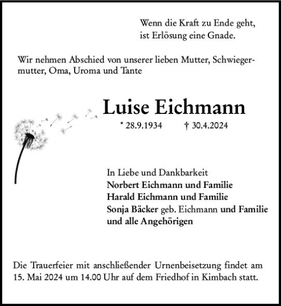 Traueranzeige von Luise Eichmann von Odenwälder Echo