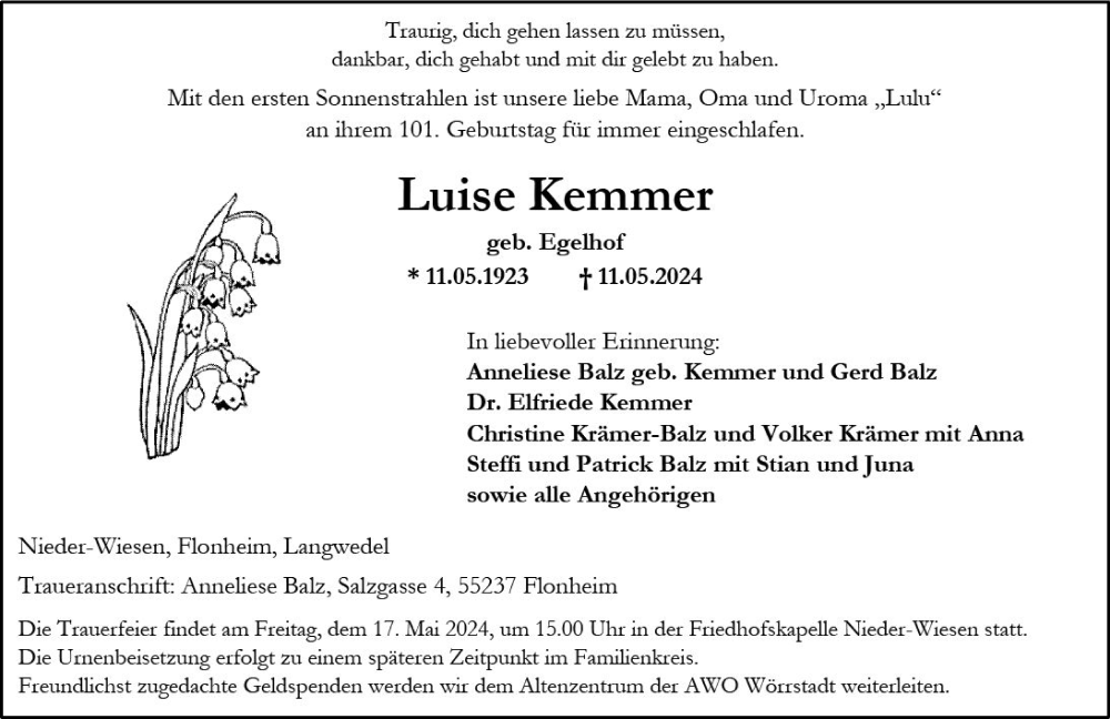  Traueranzeige für Luise Kemmer vom 14.05.2024 aus Allgemeine Zeitung Alzey