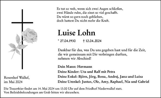 Traueranzeige von Luise Lohn von Rheingau Kurier