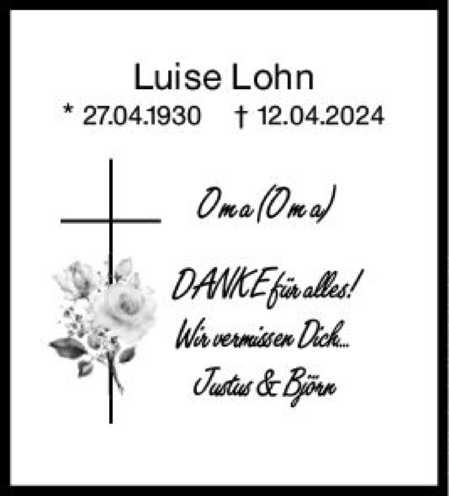  Traueranzeige für Luise Lohn vom 04.05.2024 aus Rheingau Kurier