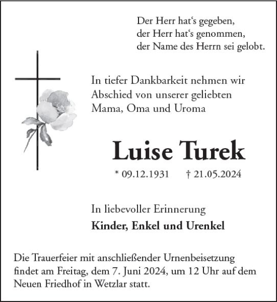 Traueranzeige von Luise Turek von Wetzlarer Neue Zeitung