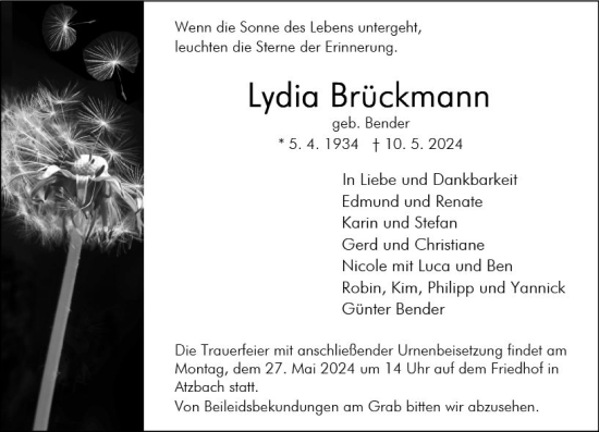 Traueranzeige von Lydia Brückmann von Wetzlarer Neue Zeitung