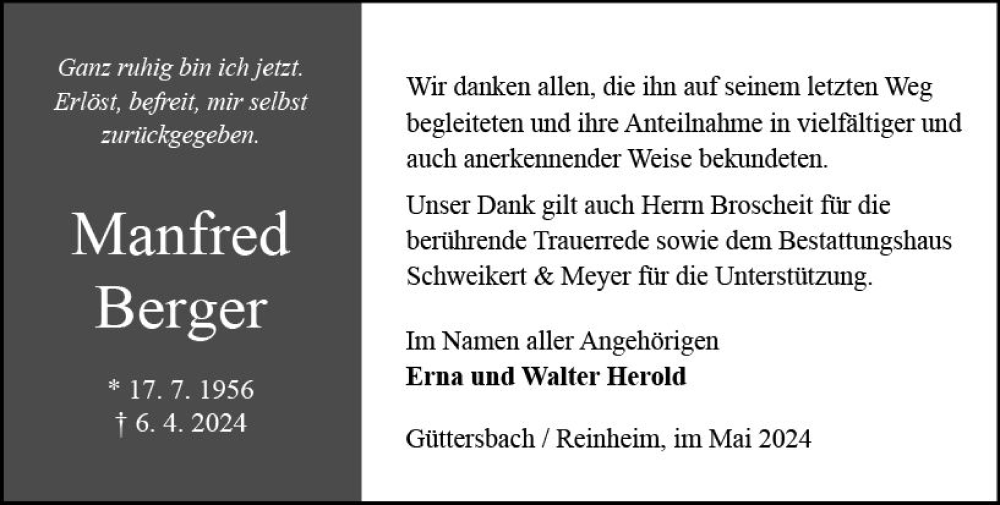  Traueranzeige für Manfred Berger vom 11.05.2024 aus Odenwälder Echo