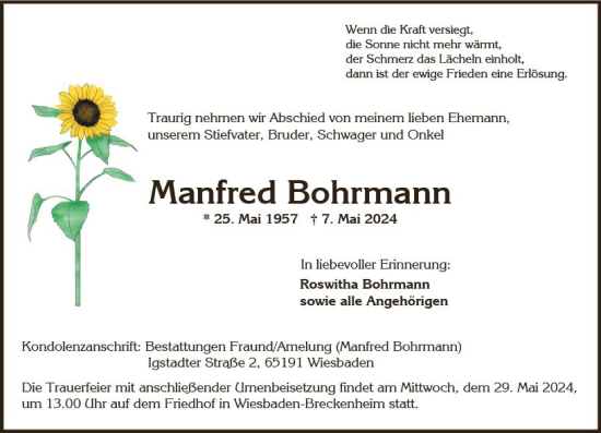 Traueranzeige von Manfred Bohrmann von Wiesbadener Kurier